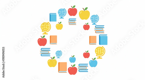 Circular arrangement of educational items and fruits.