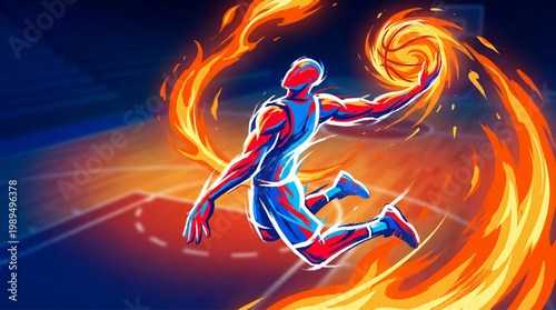 Dynamic Basketball Player Soaring Through Fiery Hoop.