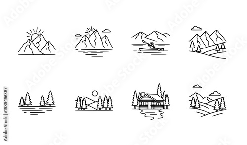 Outdoor landscape line icons mountains kayak cabin vector set