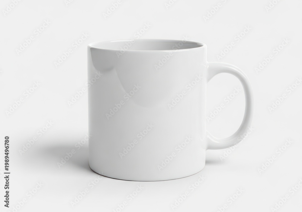 Obraz premium Isolated plain white ceramic coffee mug for branding design, empty porcelain drinkware cup with handle for tea or espresso drinks