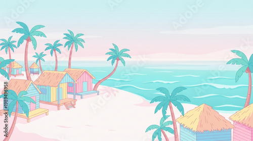 Tropical Beach Huts and Palm Trees.