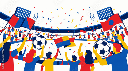 Excited crowd cheering at a soccer match with flags and confetti.