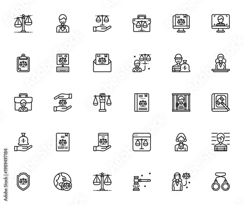 Law icon set. Legal vector collection featuring scale, lawyer, judge, handcuffs, law book, prison, thief, suspect, rights and more. Editable thin line icons.