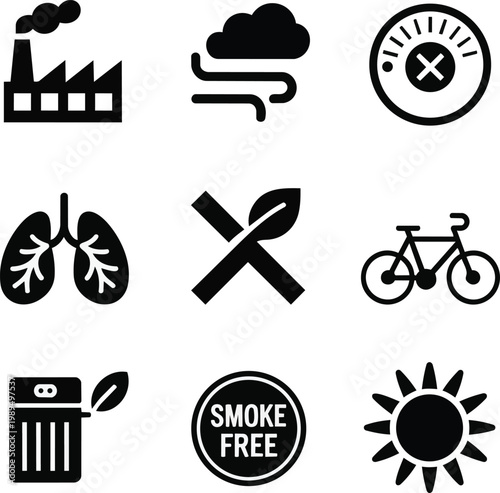 Air pollution and environmental health icon set, black vector symbols for clean air and smog control, smoke free and ecology signs