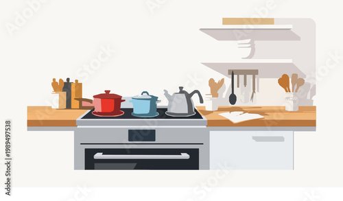 Electric cooker with pots pans and kettle kitchen cooking scene flat vector illustration isolated