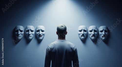Man facing multiple emotion masks symbolizing identity crisis, mental health, and internal struggle under spotlight