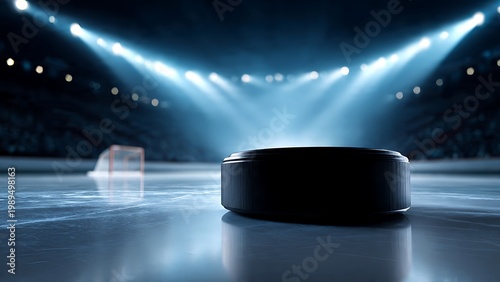 Ice Hockey Puck on Ice Rink Under Stadium Lights