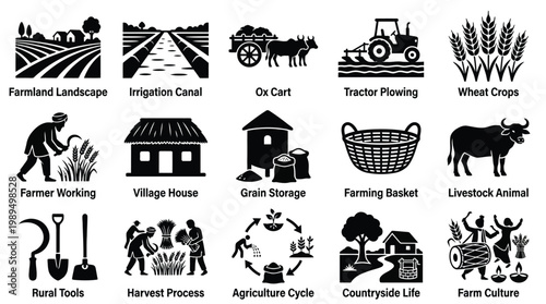 A collection of 15 black and white icons representing various aspects of farming, agriculture, and rural life, including landscapes, tools, animals, and cultural elements.