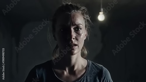 Woman looking directly at camera indoors.