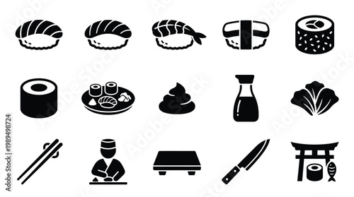 A collection of black and white icons representing various aspects of Japanese sushi cuisine and dining.