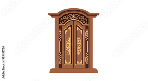 Digital illustration of an ornate wooden cabinet with gold accents and intricate designs on a plain white background.