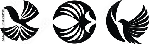 Set of modern minimalist bird logo designs for corporate branding, Collection of abstract flying bird vector icons in black and white