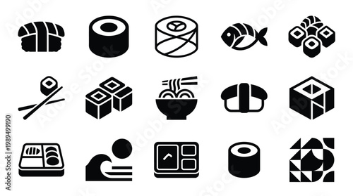A collection of diverse Japanese food icons, including various sushi types, chopsticks, ramen, and bento boxes, presented in a clean, black and white graphic style.