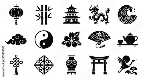 Collection of Traditional Asian Cultural Symbols and Icons Representing Various Aspects of East Asian Heritage.