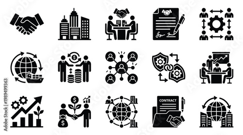 Collection of business and finance icons representing partnerships, growth, contracts, and global collaboration.