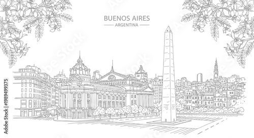 Black and white line art of Buenos Aires landmarks including the Obelisco and Teatro Colón