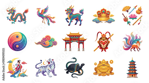A vibrant collection of traditional Chinese mythical creatures, symbols, and cultural icons, presented in a colorful illustration.