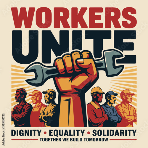Powerful Workers Unite vintage poster featuring a raised fist holding a wrench above a line of diverse, determined industrial labor workers.