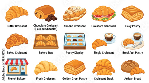 A vibrant illustration showcasing a diverse assortment of delicious pastries, including various croissants, flaky pastries, and baked goods, presented in a bakery setting.