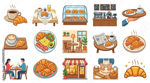 A vibrant collection of illustrations depicting a charming French bakery scene, showcasing delicious croissants, coffee, and breakfast items.
