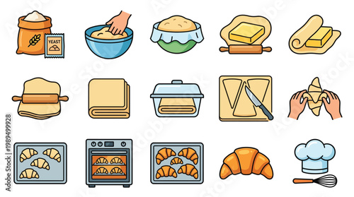 A collection of illustrations depicting the process of baking croissants, from ingredients to the finished product.