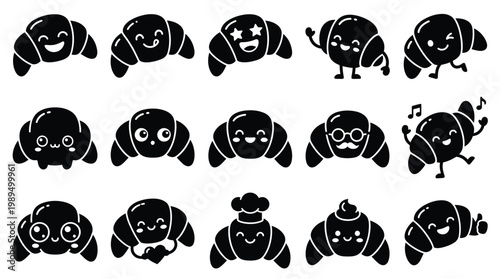 Collection of cute and expressive black and white croissant characters with various emotions and accessories, perfect for graphic design and food-related content.