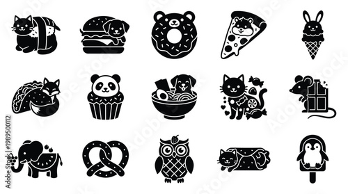 A collection of cute, stylized black and white illustrations of animals and food items, presented in a grid format.