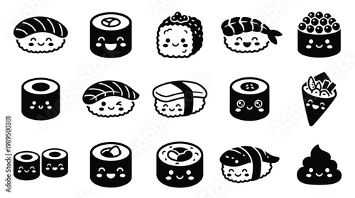 A delightful collection of kawaii-style sushi illustrations, featuring a variety of popular sushi types with adorable, smiling faces, presented in a playful and charming artistic style.