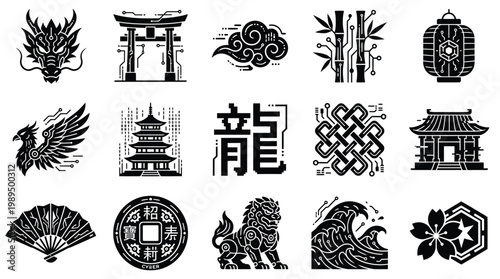 Collection of traditional East Asian cultural symbols and icons, including dragons, temples, lanterns, and flora, rendered in a stylized black and white graphic art style.