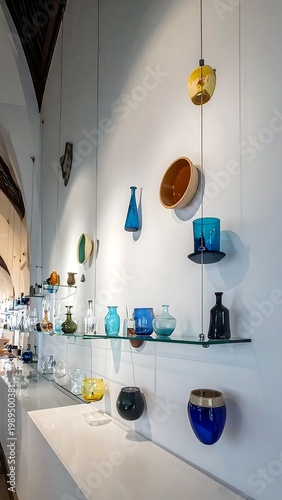 Colorful Hand Blown Glass Art Vases And Bowls Displayed On Glass Shelves And Suspended Against A Minimalist White Gallery Wall