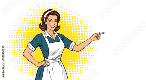 Smiling maid or waitress in a vintage uniform and apron points to the right against a yellow halftone sunburst background.