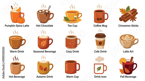 A collection of cozy autumn-themed hot beverages and related items, including lattes, hot chocolate, tea, and cinnamon sticks, presented in a grid format.