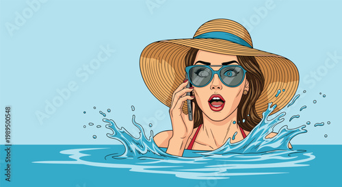 Surprised woman wearing a wide brimmed straw hat and sunglasses talks on her phone while partially submerged in blue water at a resort.