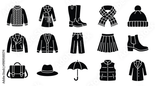 A collection of black and white silhouette icons representing various winter clothing items and accessories, including coats, sweaters, boots, hats, and bags.