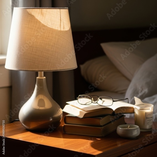 Cozy evening reading with table lamp and books on wooden nightstand