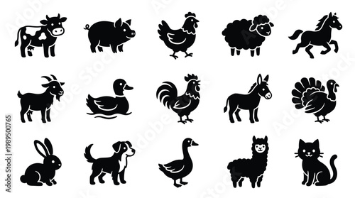 A collection of black and white silhouette icons representing various farm animals and domestic pets, arranged in a grid.