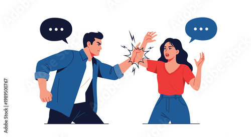 Man and a woman in casual clothes engage in a heated argument with angry expressions and empty speech bubbles for their dialogue.