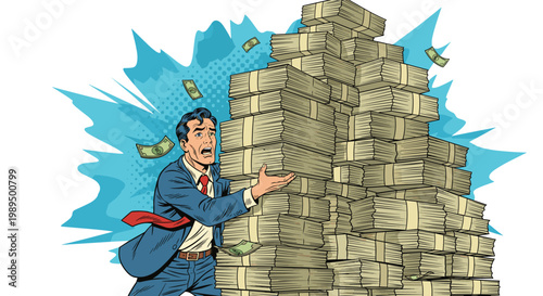 Worried businessman in a suit tries to catch or hold up a massive leaning pile of bundled money with bills flying around him in a crisis.