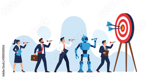 Group of business people and a robot stand in a line and aim their darts at a target board to represent a successful goal setting.