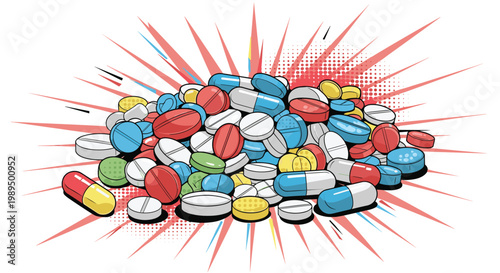 Large pile of various colorful pills and capsules is shown with a red and blue pop art burst background for a healthcare concept.