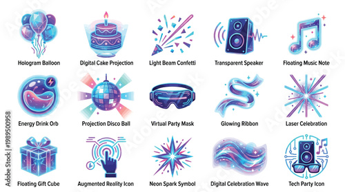 A vibrant collection of futuristic party and celebration icons, featuring holographic balloons, digital cake projections, light beam confetti, transparent speakers, and virtual reality masks.