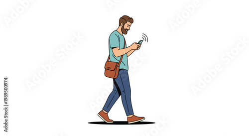 Young man with a beard and a messenger bag walks while looking at his smartphone with signal waves for an online connection.