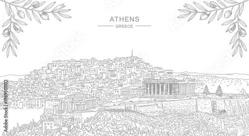Canvas-taulu Black and white line drawing of Athens cityscape with the Acropolis and olive br