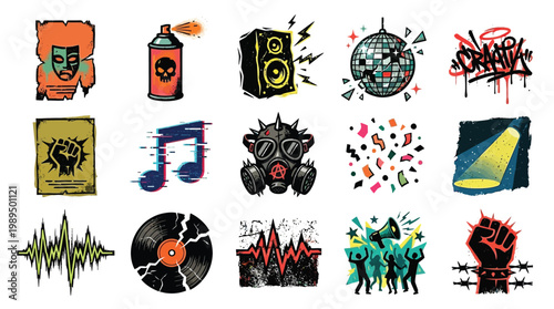 A vibrant collection of urban art and music-themed graphic elements, including graffiti, speakers, and abstract designs.
