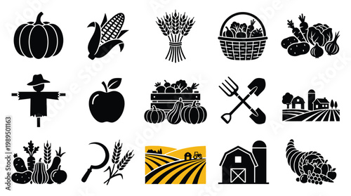 A collection of black and white icons representing various aspects of farming and harvest, including pumpkins, corn, wheat, apples, and farm buildings.