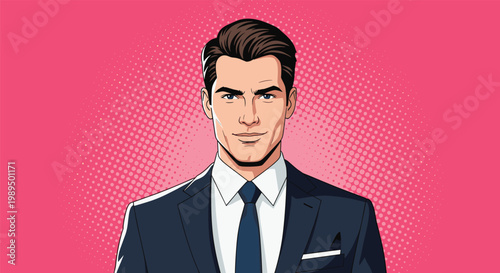 Portrait of a handsome confident businessman in a dark suit and white shirt against a pink polka dot background in a pop art style.