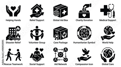 Collection of 15 black and white icons representing various forms of humanitarian aid, support, and community involvement.