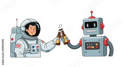 Friendly astronaut and a robot clink glass beer bottles together in a celebratory toast against a plain background for a mission.