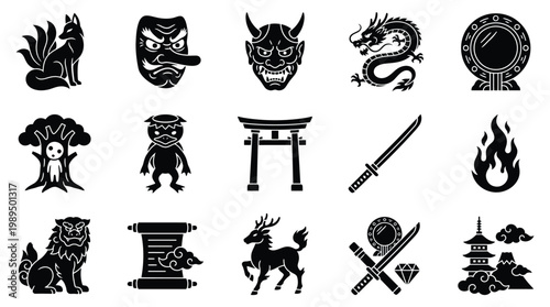 Collection of Japanese cultural icons and mythical creatures, including a Kitsune, Tengu mask, Oni mask, dragon, and Torii gate.