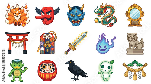 A vibrant collection of Japanese folklore icons, featuring mythical creatures, traditional symbols, and cultural artifacts in a pixel art style.